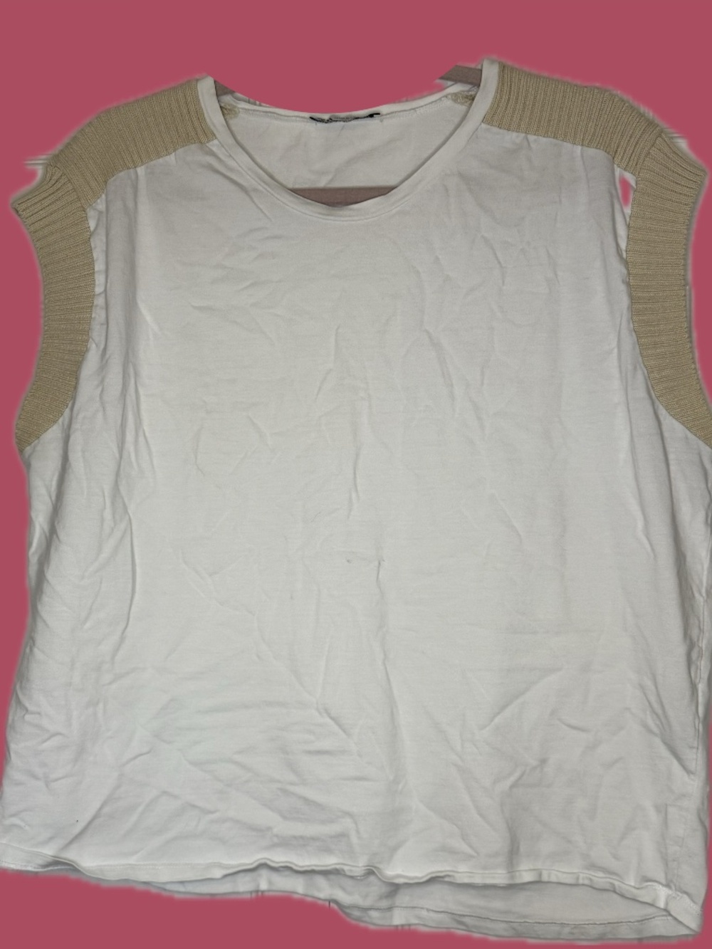 Zara White & Beige Knit Shoulder Crew Neck Top – Size M